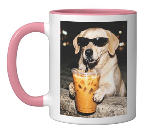 Funny Labrador Retriever Drinking Iced Coffee Dog Meme Ceramic Mug, Pink/White