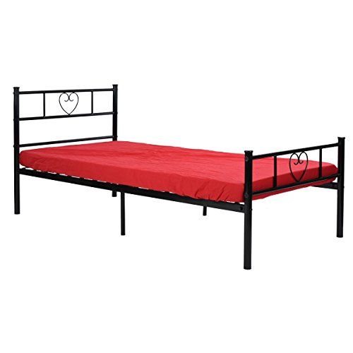 DORAFAIR Black Metal 3ft Single Bed Frame with Heart-shape Headboard Suit for 90x190cm Mattress