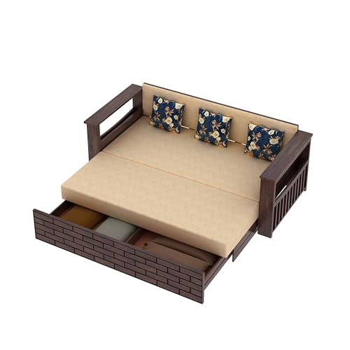 Image of Ganpati Arts Italian Solid Sheesham Wood 3 Seater Sofa Cum Bed with Side Pockets for Storage and Fabric at Back Wooden Sofa Furniture for Living Room Home (Walnut Finish)