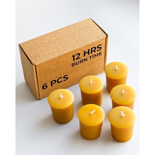 CANDWAX Pure Beeswax Votive Candles Set of 6 - Handmade Honey Yellow Votive Candles Beeswax Natural - 10 Hours Burning Pure Bees Wax Candles for Home
