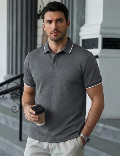 Image of JMIERR Mens Casual Polo Shirt Short Sleeve Vacation Button Summer Beach Knit Stretchy Golf Shirts
