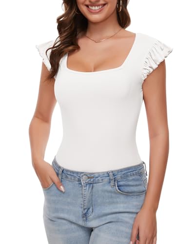 WOWENY Body Damen Elegant Top Sommer Oberteile Damen Rüschen Ärmellos t Shirt Body mit Eckigem Ausschnitt Trachtenbody Ribbed Bodysuit Women Damenbody für Damen Weiß M