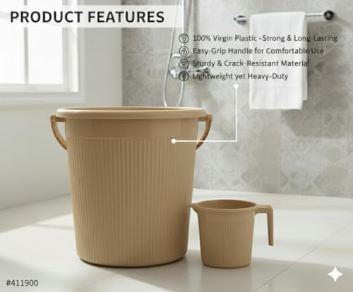 Image of MODWARE Plastic Bucket Set with Mug, 20L Bucket with 1L Mug, Polypropylene, Round Shape, (Cream, 20 L)