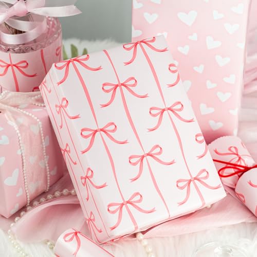 Burymento Pink Bow Wrapping Paper, Reversible Pink Love Design Gift Wrap for Baby Shower, Birthday, Valentines, Mothers day, Graduation, Wedding, Fathers day, Christmas (17 Inch X 32.8 Feet)