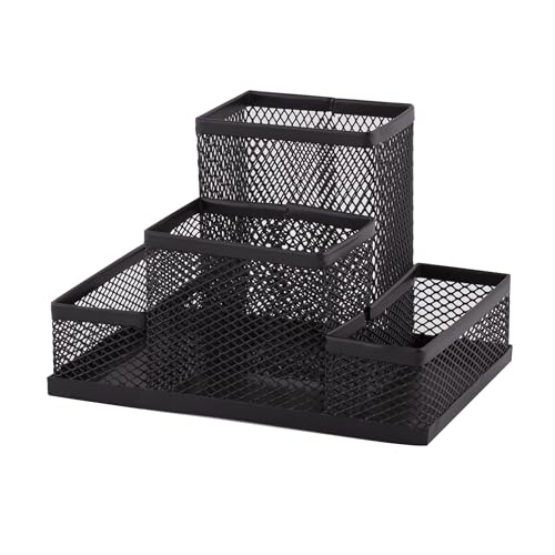 D.RECT KOMO Schreibtisch-Organizer – 4-Fächer-Stiftehalter aus Metallgitter – Multifunktions-Utensilo für Büro-Accessoires, Schwarz