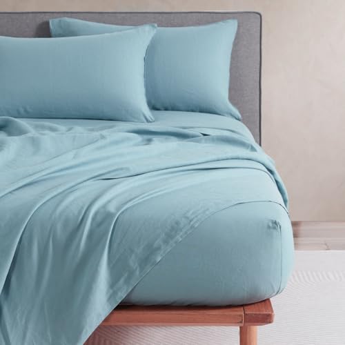 DAPU Pure Linen Sheets Set, 100% French Linen from Normandy, Breathable and Durable for Hot Sleepers, 4 Pcs Set - 1 Flat Sheet, 1 Fitted Sheet, 2 Pillowcases (Ocean, Queen)