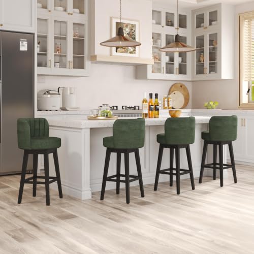Image of COCO DESIGN 30 inch Green Swivel Bar Height Stools Set of 4 with Wood Legs | Mid Century Modern Style, Smooth Swivel Design, Chenille Upholstered Seat, Sturdy Solid Wood Legs, Bar Height For Island