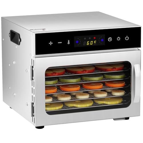 6Tray Stainless Steel Food Dehydrator,LED Touch Control Design,Adjustable Digital Temperature 30-90°C and 24 Hour Timer,Fruit Dryer Machine for Fruit, Veg, Meat & More