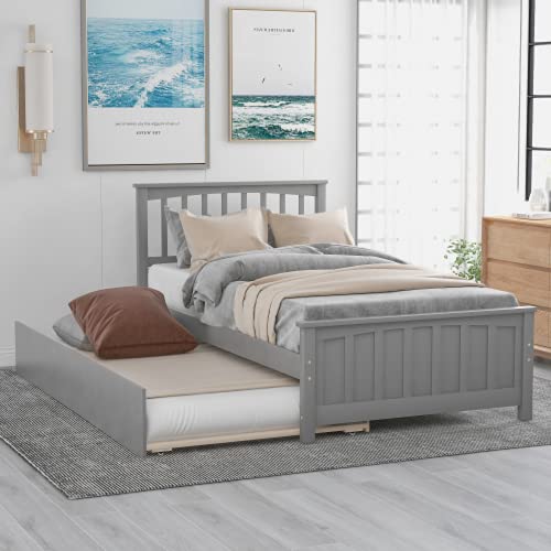 Solid Wood Twin Bed Frame with Trundle, Kids Platform Twin Bed with Pull Out Trundle, No Box Spring Needed