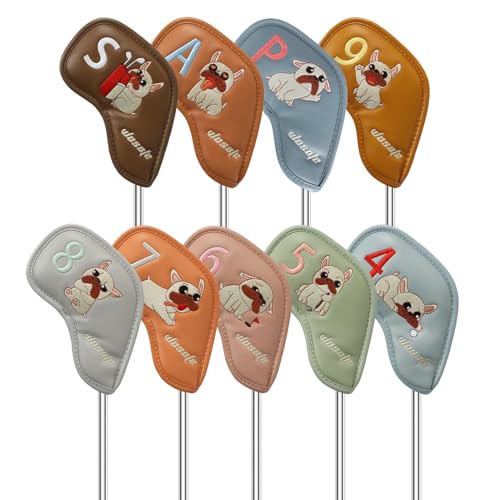 Fundas para Cabezales de Hierros - 9 Piezas En Cuero PU con Diseño De Perrito,Cubre Cabezales de Golf | para Práctica en Campo, Entrenamiento al Aire Libre, Deportes en