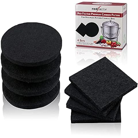 RED FACTOR 8 Pack Extra Thick Charcoal Filters for Kitchen Compost Bins - Activated Carbon Replacement Filters for Odor Free Buckets (4 Round, 4 Square) Cover