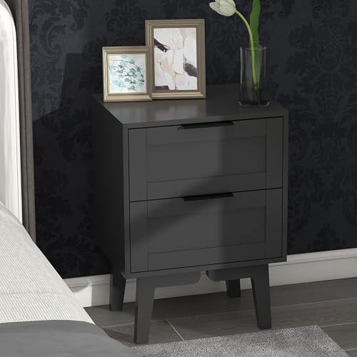 TaoHFE Modern Black Night Stand with Drawer Mid Century Wooden Nightstand Bedside Table End Table with Storage for Bedroom 22 Inch Bed Side Table with Drawers Black Side Table for Bed Room