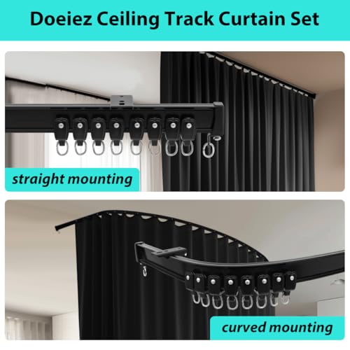 Image of Room Divider Blackout Curtains Flexible Sliding Tracks Sets Ceiling Mounted Rod Window Curtain Privacy Separation for Bedroom Living Rooms,1 Panel Black Drape and Black Track Set-W108xH96 in