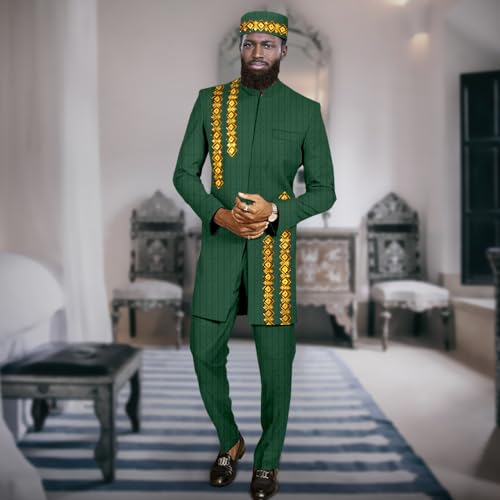 African Clothes for Men Business Suits Embroidery Jacket Pants Hat 3 Piece Set Dashiki Attire2