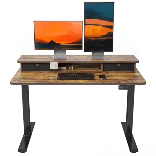 FEZIBO Electric Height Adjustable Standing Desk, 120x60cm, with Double Drawers and Storage Shelf, Rustic Brown