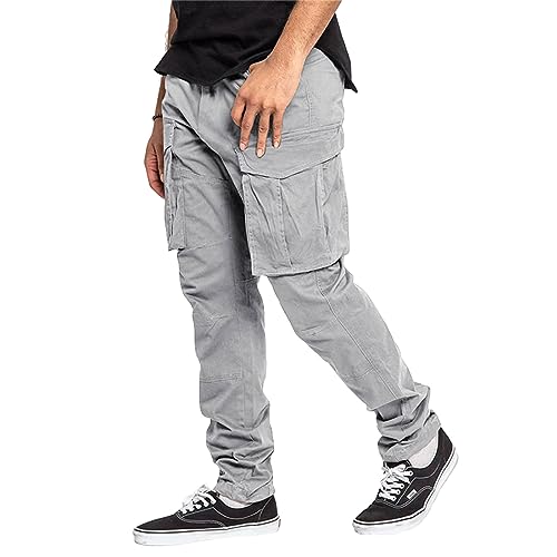 Men Cargo Pants with Pockets Solid Color Loose Drawstring Jogger Sweatpants Casual Trousers for Streetwear3