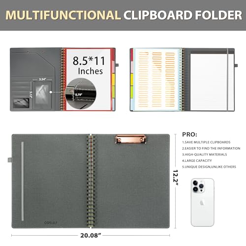 Image of Ospelelf Clipboard with Storage for Men Women, Leather Padfolio Portfolio Organizer 5 Folders with 10 Pockets, Spiral Clipboard Folio with Notepad for Letter Size, Elastic Closure and Pen Loop Grey