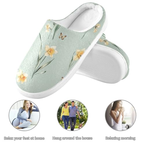 JUNZAN Cute Daffodils Sage Green Women Cotton Slippers Warm Memory Foam Bedroom Slippers for Hospital Christmas Presents 6-73