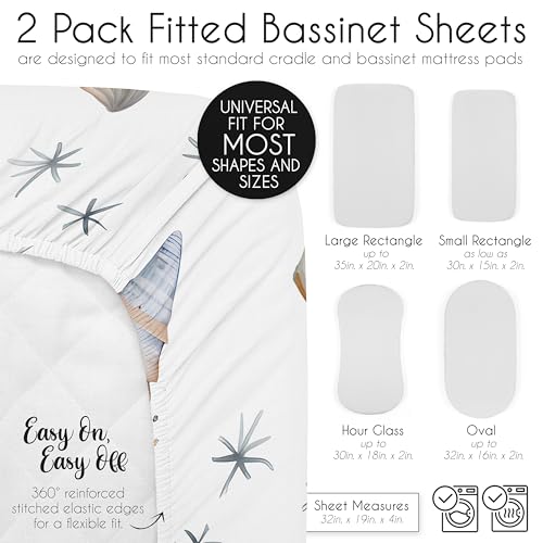 Image of Sweet Jojo Designs 2-Piece Baby Bassinet Sheets Set (Ocean Seashells) for Girls or Boys, Infant Newborn Nursery, Oval, Rectangle & Hourglass Mattress (Gender Neutral, Nautical, Beach Theme, Starfish)