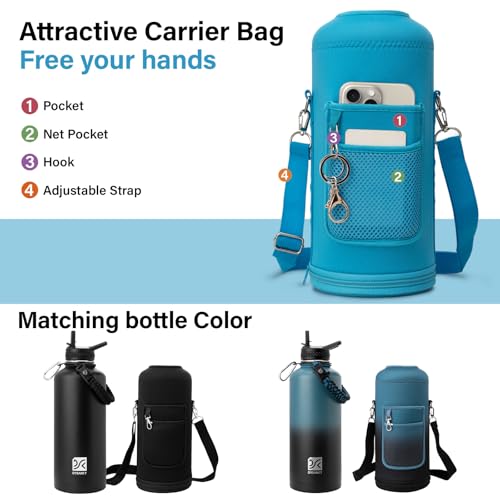 Insulated Water Bottle | Thickened Stainless Steel for Gym and Hiking with Straw, Carrier Bag, Handle Strap | BPA-Free 87 oz