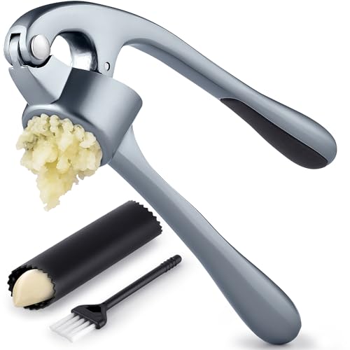Image of Zulay Kitchen Premium Garlic Press Set - Rust Proof Professional Garlic Mincer Tool - Easy-Squeeze, Easy-Clean with Soft, Ergonomic Handle - Silicone Garlic Peeler & Brush (Slate)