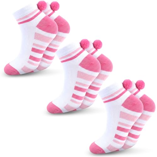 Pompom Socks for Women Tennis Ankle Sport Socks Stripe Funny Cute Short Scok with Balls on The Back Ball Gifts Accessories(Pink 3 Pairs)