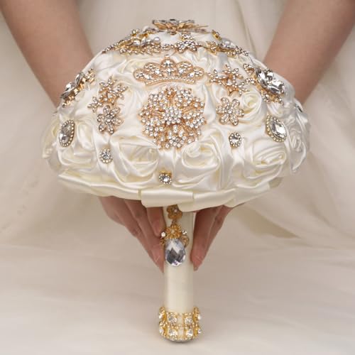 QingForBesty Handmade Satin Rose Floral Bling Pearl Decor Bridal Wedding Bouquet Rhinestone Pendant...