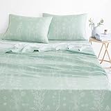 Wake In Cloud - Floral Bed Sheets, 4-Piece Sheet Set, Cute Botanical Shabby Chic Coquette Cottagecore Flower, Soft Microfiber Deep Pocket Bedding, Sage Green, Queen Size