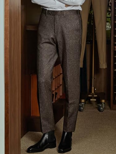 Men's Vintage Tweed Pants Herringbone Trousers Pleated Front Regular Fit Dress Pants4