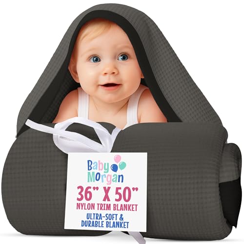 Baby Morgan Blankets Thermal Waffle Baby Blanket Crib Bedding - Soft Cozy Warm Infant Thermal Cover for Nursery Stroller or Bassinet, Lightweight Ideal Shower Gift, Nylon Trim Gray 36" x 50