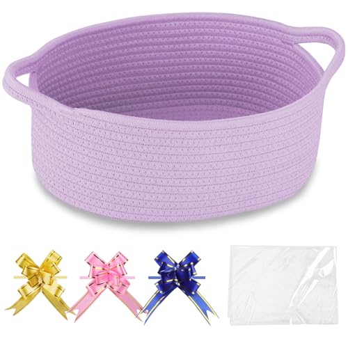 COMSE Small Woven Basket with Gift Bags and Ribbons Gift Basket Empty Cotton Rope Storage Organizer Baby Toy Box with Handles 12 x 8 x 5 Purple