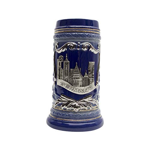 Essence of Europe Gifts 1 Liter | OktoberfestHaus German Rothenburg Beer Stein With Metal Emblem On A Cobalt Blue Bier Krug Ceramic Stein Mug Tankard Beer Lover Gift Engraved Beer Mug