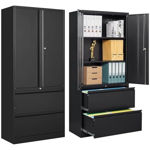 STANI 2 Drawer Lateral File Cabinet, Metal Storage Cabinet with Drawers, Locking File Cabinet with Storage Shelves, Metal Storage Cabinets for Letter/Legal/F4/A4 Size Files (Two Drawer, Black) Cover