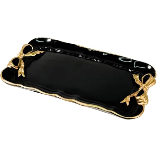 Vintage Decorative Tray Jewelry Tray Towel Tray Storage Tray Rings Necklace Bracelets Earrings Trays Cosmetics Jewelry Organizer Retro Design Bow Decor Resin Plate Coquette Room Decor (Black)