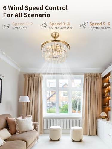 Image of 20 inch Brass Crystal Fandelier Ceiling Fans with Lights, Caged Brass Crystal Chandelier Ceiling Fan with Light Remote Control with 6 Speeds for Bedroom, Nursery, Living Room