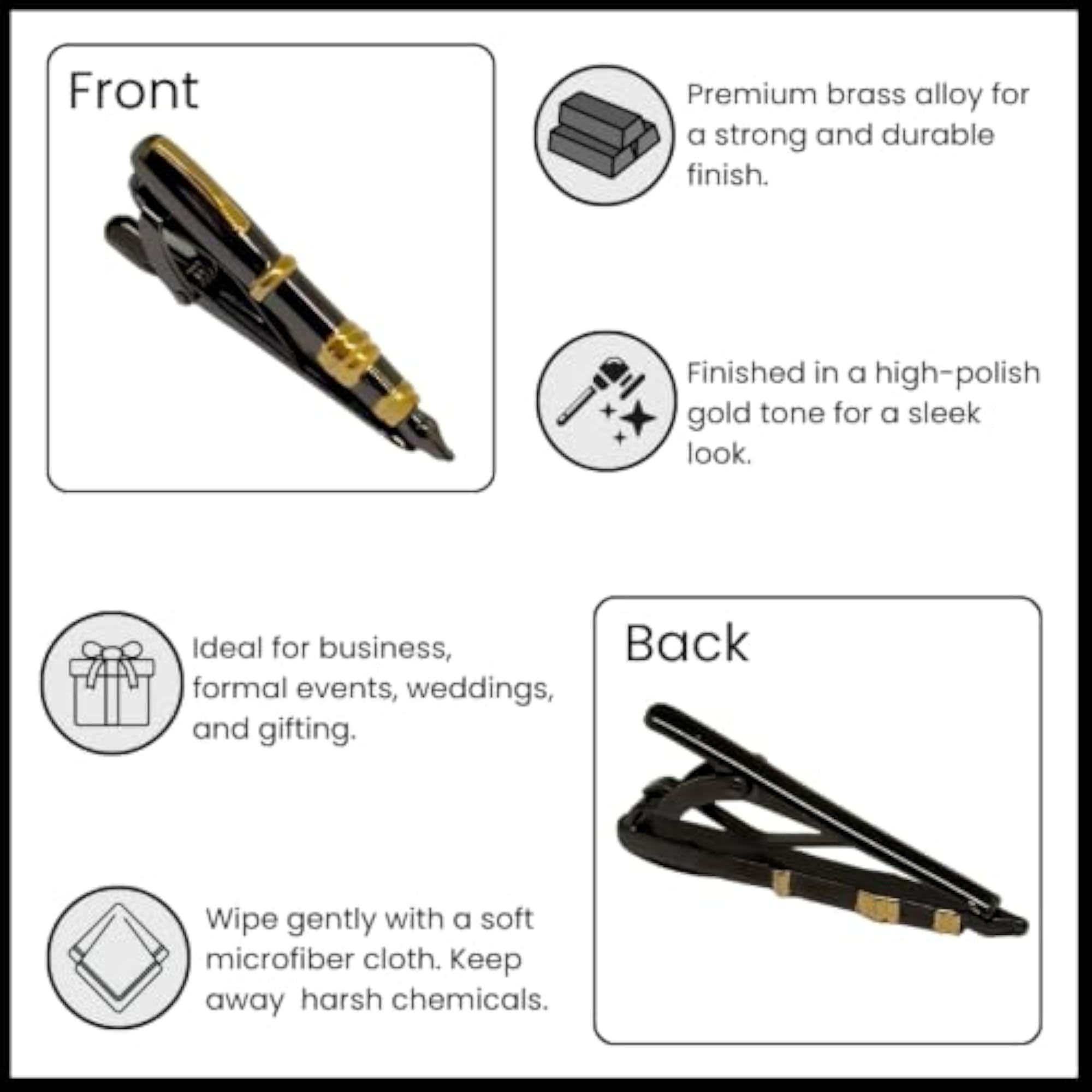 Men's Grey & Gold Fountain Pen Clip Tack Pin, Stylish