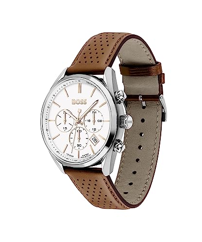 Image of Hugo Boss Champion Leather Analog Men's Watch-1513879 (White Dial Brown Colored Strap)