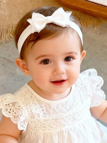 ICKEYOU Baby Girls Headband White Bow Lace Headbands Soft Elastic Bowknot Hairbands Cute Hair Accessory for Newborn Kids Infant Toddler Baptism Birthday Party (Double Bow)
