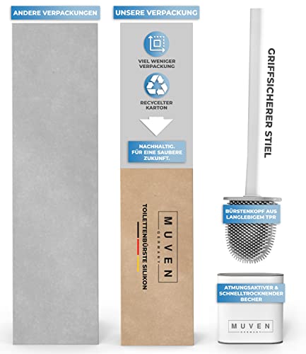 Klobürste Silikon mit flachem & biegsamem Kopf – WC Bürste mit schnell trocknendem Halter & Gumminoppen – Toilettenbürste zur Wandmontage ohne Bohren (weiß, matt) – MUVEN®