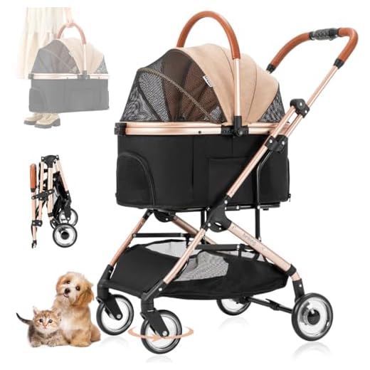 Nastarki Carro para Perros Cochecito Plegable Mascotas 2 en 1 Carrito para Perros Gatos Carro Perro Plegable 15 Kg Cochecito Perro Mediano con Cesta de Almacenamiento (Caqui)