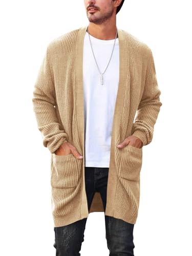Runcati Mens Cardigan Sweater Casual Cable Knit V Neck Open Front Ribbed Long Winter Sweaters Khaki