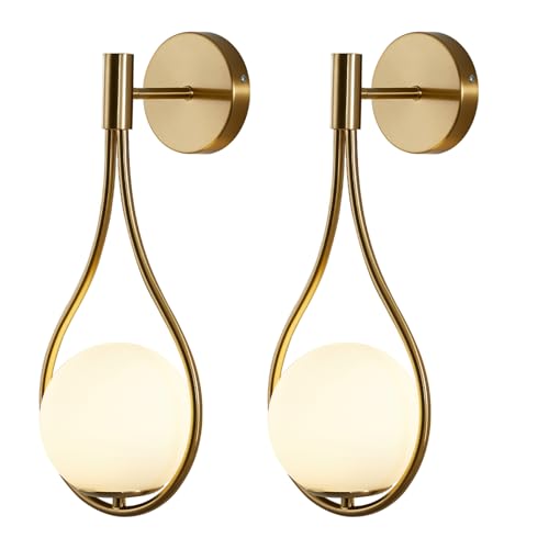 Image of KCO Lighting Modern Brushed Gold Teardrop Wall Sconces Set of 2 Hardwired | E26 Bulb Included, 5.9 inch White Milk Glass Wall Light Fixture Mid Century Wall Lamp for Bedroom Bedside Bathroom Hallway