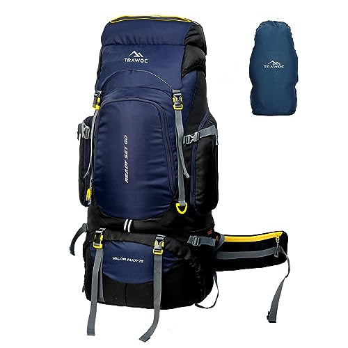 TRAWOC 75 Ltr Travel Backpack Camping Hiking Trekking Bag Rucksack with Rain Cover/Shoe Compartment, Navy Blue