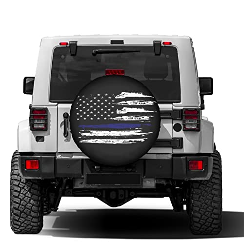 Image of American Flag Thin Blue Line Spare Tire Cover Dust-Proof Wheel Tire Cover Fit Trailer, RV, SUV and Many Vehicle 15 Inch