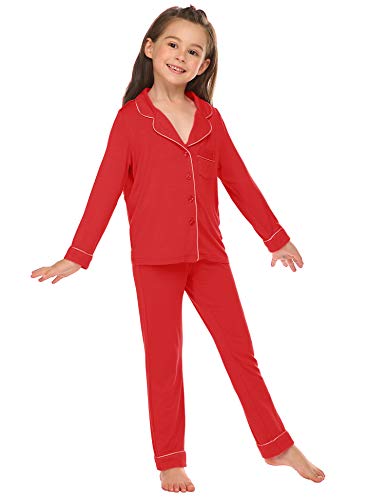 luxilooks Kids Boys Girls Pajamas Sets Long Sleeve 2 Pcs Sleepwear Top & Long-Pants Set with Pockets(Red,8-9Y)