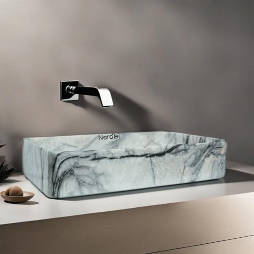 Image of Wash Basin Countertop | Tabletop Ceramic Bathroom Sink | Wash Basin Over Counter | (24 x 14 x 5 Inch) (Marble Beige Black)