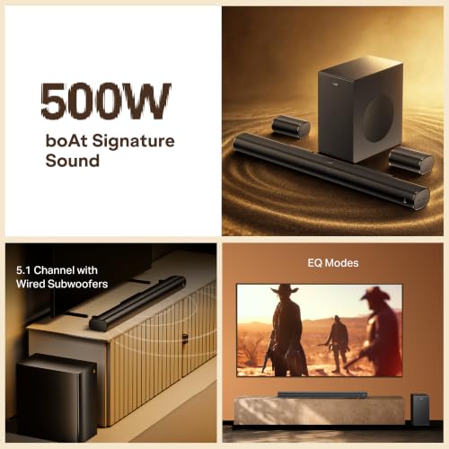 Image of boAt Aavante Bar Prime B500 w /Subwoofer & Dual Rear Satellites,500W Output,5.1 Channel,Multi-Connectivity,EQ Modes,BT v5.4,Master Remote Control,Sleek & Premium Finish Bluetooth Soundbar (Black Regal)