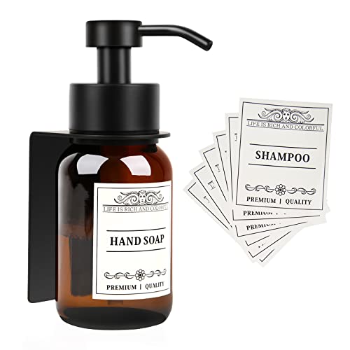 Nobtou Glass Soap Dispenser with Pump and Wall Mount Holder,8.5 Oz Shampoo and Conditioner Dispenser with Waterproof Labels(Brown)