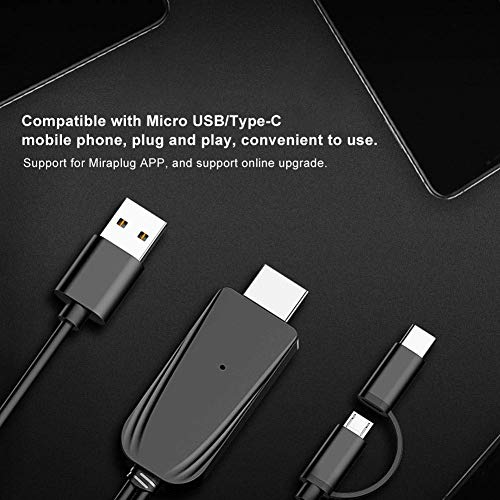 Close-up of ASHATA HDMI cable connectors with text about Miraplug APP and Micro USB/Type-C compatibility