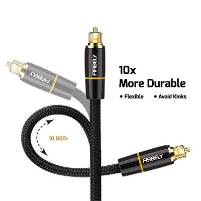 Firbely Digital Optical Audio Toslink Cable Male To Male- 24K Glod Plated Metal Connectors And Braided Jacket 10 Feet #TOP3